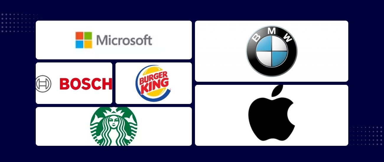 لوگوی چند برند مشهور از جمله اپل مایکروسافت بوش و استارباکس در کنار هم